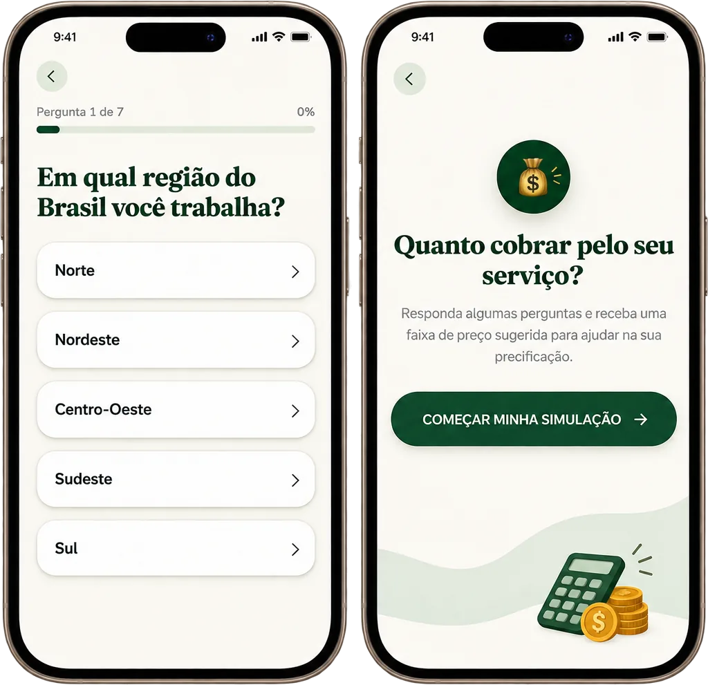 Telas do aplicativo Minha Diária Justa: perguntas sobre a região e início da simulação